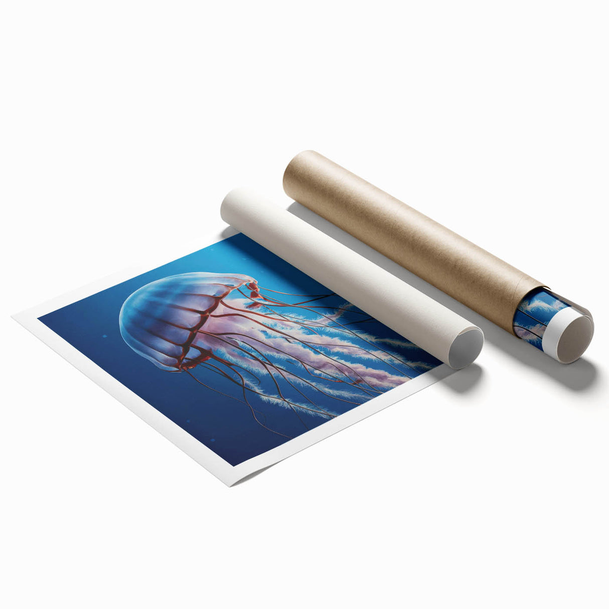 Vibrant jellyfish wall art print showcasing intricate marine life designs in vivid colors, perfect for ocean-themed decor. Ideal for adding a unique touch to any room.