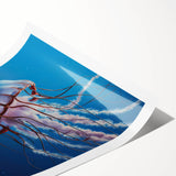 Vibrant jellyfish wall art print showcasing intricate marine life designs in soothing blues and purples, rolled and ready for framing, ideal for ocean-themed decor.