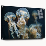 Acrylic wall art featuring a vibrant jellyfish design, showcasing intricate details and colors. Side view highlights its sleek finish and mounting pins, ideal for marine-themed decor.