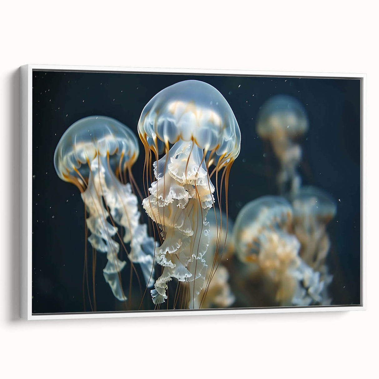 Framed wall art showcasing a vibrant jellyfish design in shades of blue and purple, displayed against a white background for a contemporary marine-themed decor.