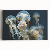 Vibrant stretched canvas wall art depicting a colorful jellyfish design, showcasing intricate details and fluid movement, perfect for marine life enthusiasts.