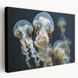 Stretched canvas wall art featuring a vibrant jellyfish design, showcasing fluid shapes and colors against a dark background, perfect for marine-themed decor.