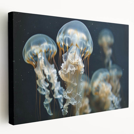 Stretched canvas wall art featuring a vibrant jellyfish design, showcasing fluid shapes and colors against a dark background, perfect for marine-themed decor.