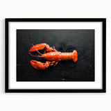 Framed wall art featuring a detailed lobster design in vibrant colors, set against a black mat, ideal for marine life enthusiasts and coastal decor.