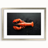 Lobster-themed wall art in a sleek silver frame, showcasing vibrant marine life illustration with a white mat, perfect for coastal decor enthusiasts.