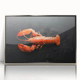 Framed wall art featuring a vibrant marine life design with a detailed lobster illustration, set in an elegant silver frame, ideal for coastal decor enthusiasts.