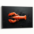 Framed canvas wall art featuring a vibrant lobster design against a black background, showcasing intricate marine life details and an elegant side view. Ideal for ocean-themed decor and seafood enthusiasts.