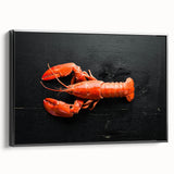 Framed canvas wall art featuring a vibrant lobster design against a black background, showcasing intricate marine life details and an elegant side view. Ideal for ocean-themed decor and seafood enthusiasts.