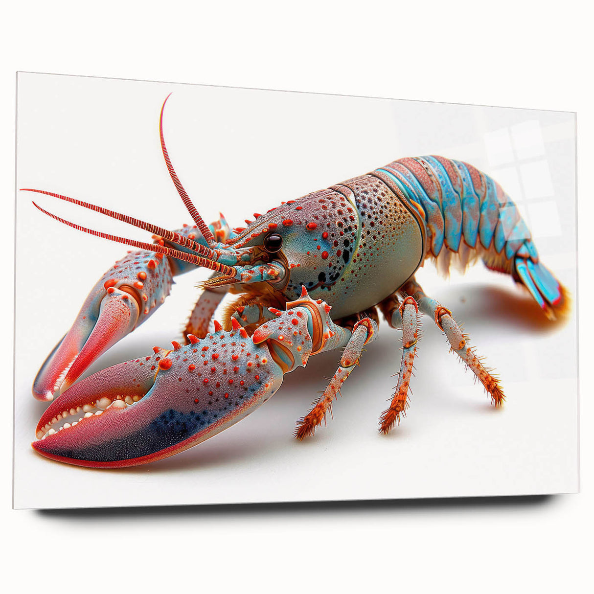 Vibrant marine life wall art featuring a detailed lobster design, presented in an elegant acrylic glass frame, showcasing vivid colors and intricate details. Perfect for ocean-themed decor and art enthusiasts.