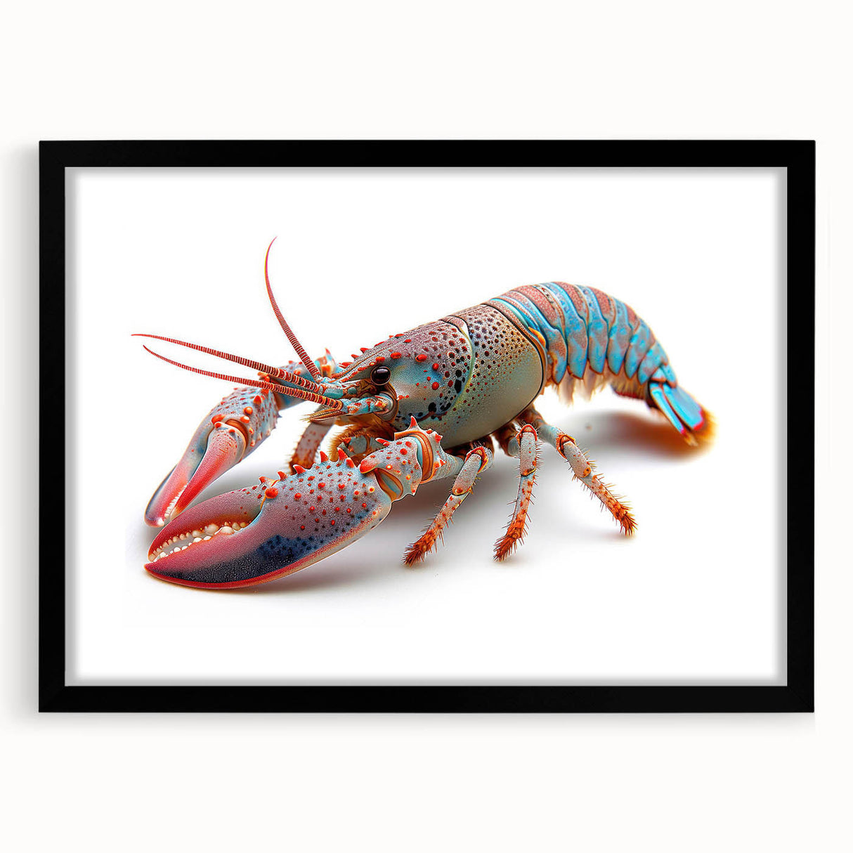 Framed black wall art featuring a detailed lobster design in vibrant colors, perfect for marine life enthusiasts, enhancing home decor with ocean-themed elegance.