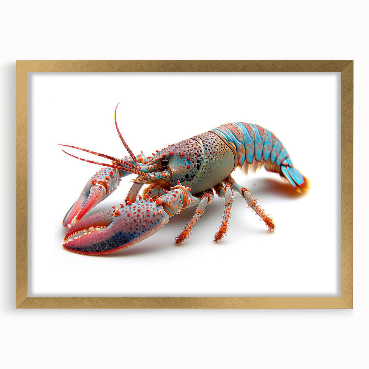 Elegant wall art featuring a detailed lobster design in vibrant colors, framed with a gold mat, perfect for marine life enthusiasts and home decor.