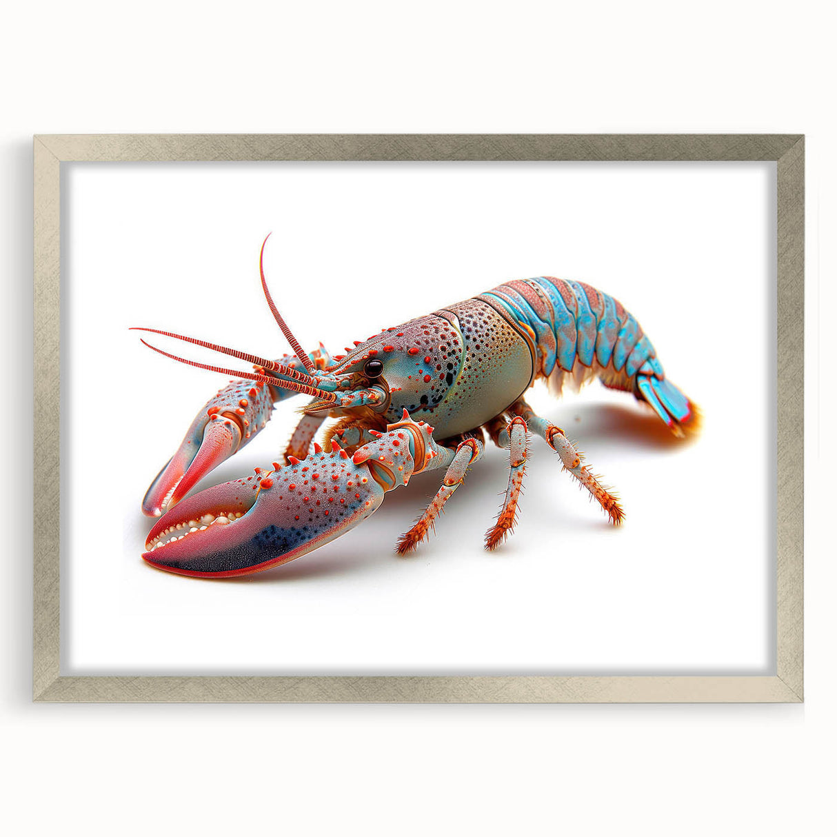 Framed wall art featuring a detailed lobster design in vibrant colors, set in a sleek silver frame with a white mat, perfect for marine-themed decor.