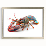 Framed wall art featuring a detailed lobster design in vibrant colors, set in a sleek silver frame with a white mat, perfect for marine-themed decor.