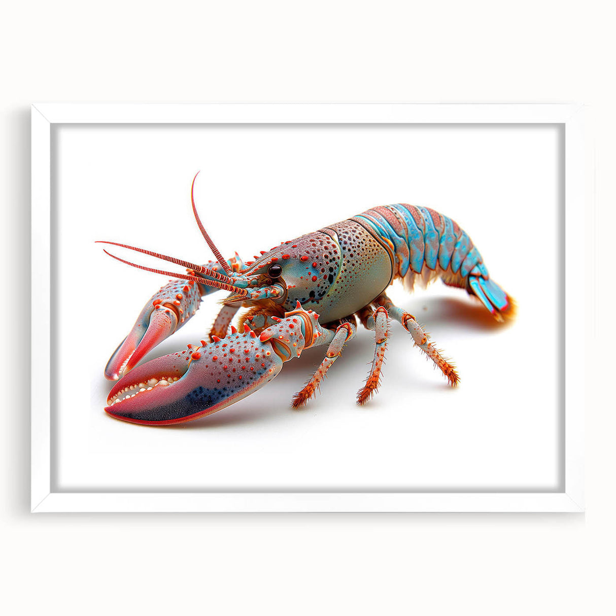 Framed wall art featuring a vibrant marine life design showcasing a colorful lobster against a white backdrop, perfect for ocean-themed home decor.
