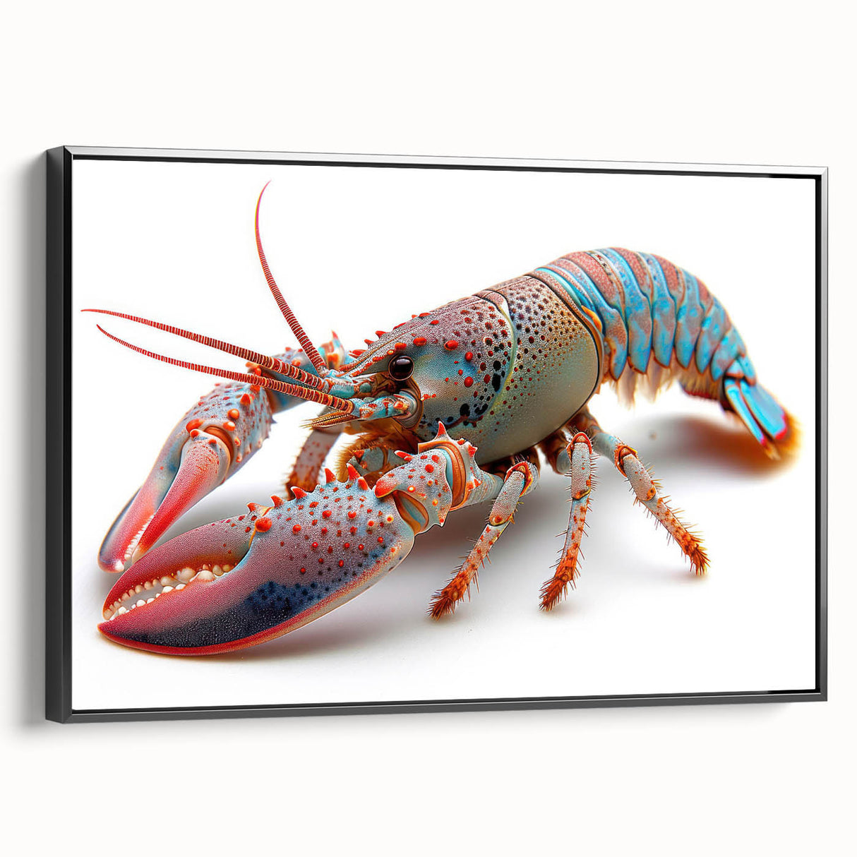 Framed wall art featuring a detailed lobster design on a black background, showcasing vibrant colors and intricate textures, perfect for marine-themed decor.