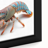 Close-up of a framed marine life wall art piece featuring a vibrant lobster design on canvas, showcasing intricate details and rich colors, perfect for ocean-inspired decor.