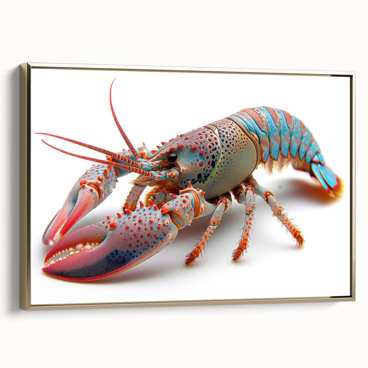 Framed wall art featuring a vibrant lobster design in a gold frame, showcasing intricate marine life details against a neutral background, perfect for coastal decor.