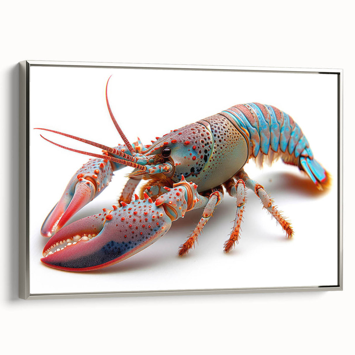 Framed canvas wall art featuring a detailed silver lobster design against a textured background, showcasing vibrant marine life and adding elegance to any décor.