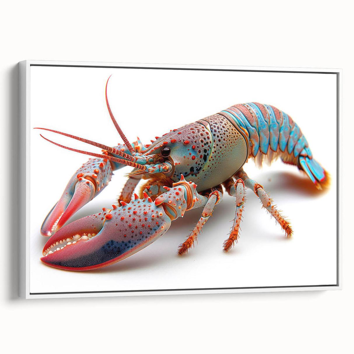 Framed canvas wall art showcasing a vibrant lobster design, with intricate details and a white frame, perfect for marine-themed decor and coastal aesthetics.