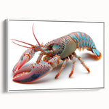 Framed canvas wall art showcasing a vibrant lobster design, with intricate details and a white frame, perfect for marine-themed decor and coastal aesthetics.