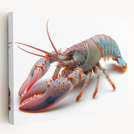 Side view of a vibrant lobster design on stretched canvas wall art, showcasing intricate marine life details and bold colors, perfect for coastal-themed decor.