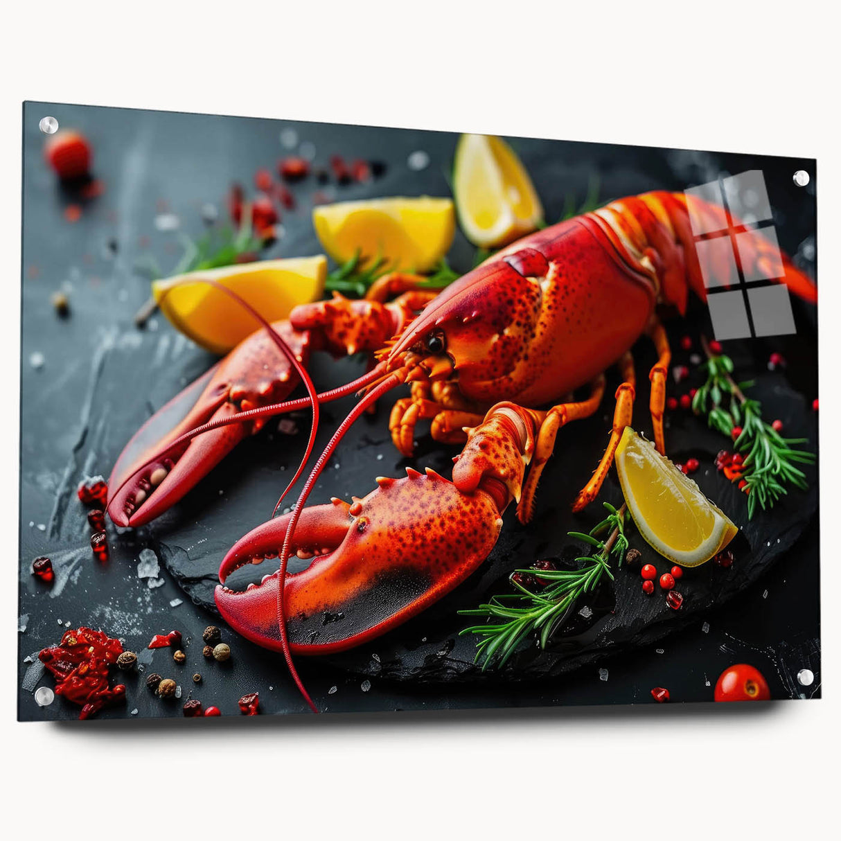 Acrylic wall art featuring a vibrant marine life lobster design, showcasing intricate details and colors, displayed in a side view with pins for mounting. Perfect for ocean-themed decor enthusiasts.