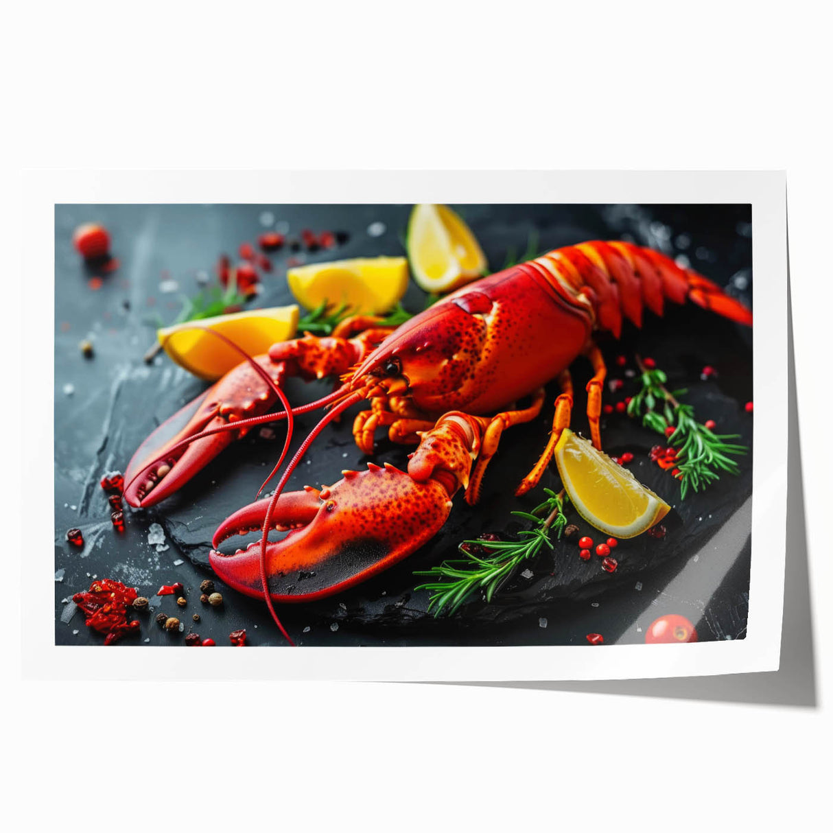 Vibrant marine life wall art print showcasing a detailed lobster design, featuring rich colors and intricate patterns, ideal for coastal home decor or ocean-themed interiors.