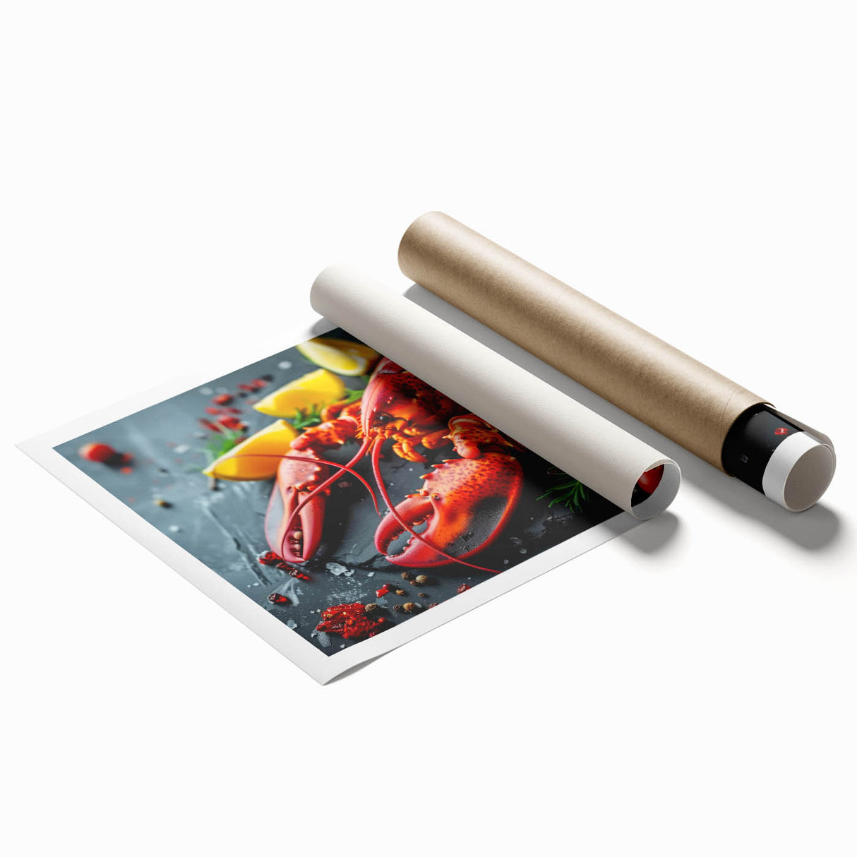 Vibrant rolled print of a marine life lobster design, featuring intricate details and bold colors, ideal for ocean-themed decor or art enthusiasts, packaged securely for delivery.