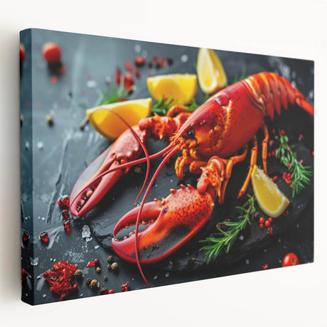 Stretched canvas wall art showcasing a vibrant lobster design, emphasizing marine life in bold colors. Perfect for coastal-themed decor or seafood lovers.