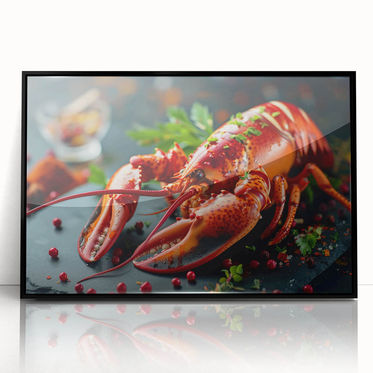 Framed acrylic wall art showcasing a vibrant lobster design, set against a sleek black frame, perfect for marine life enthusiasts and coastal decor lovers.