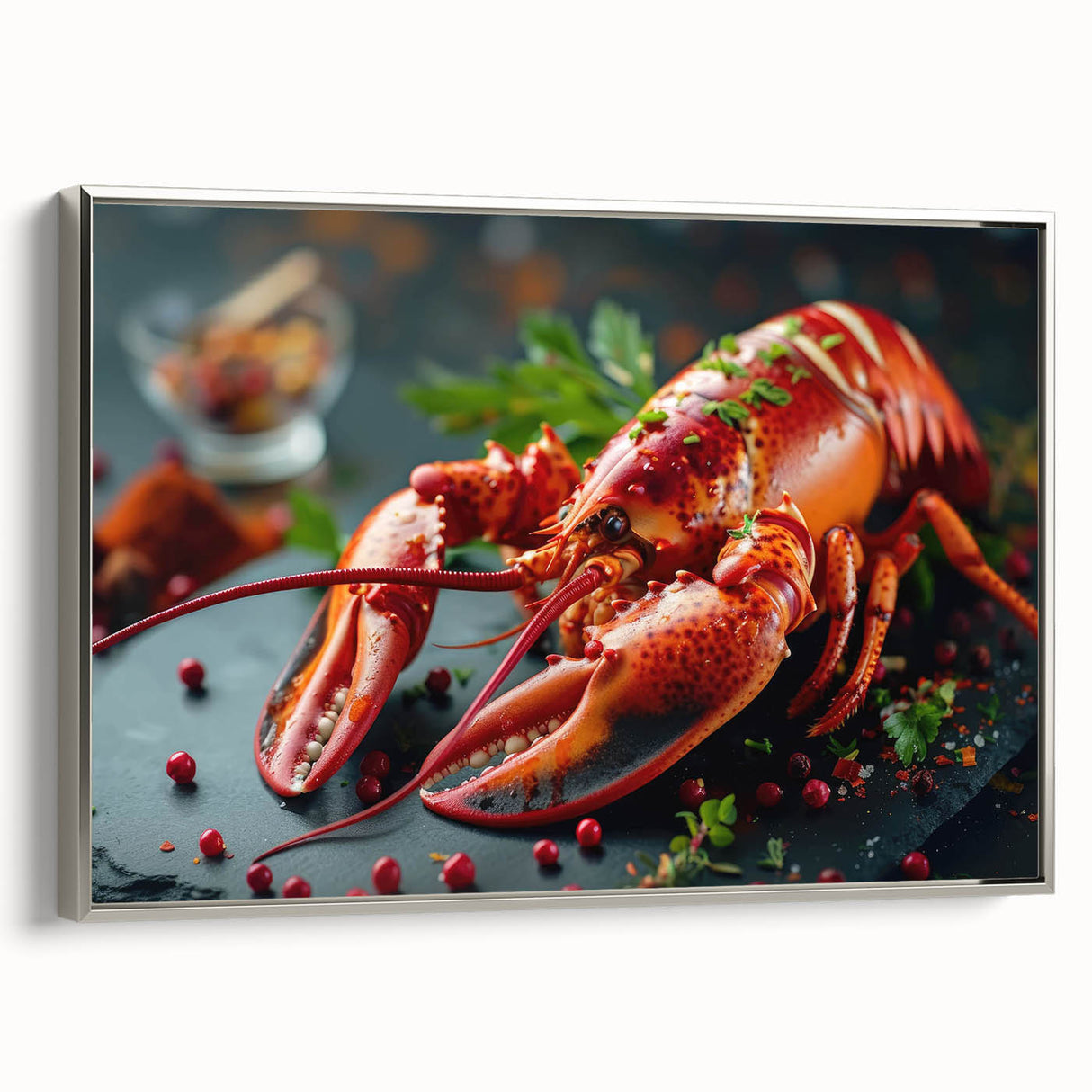 Framed wall art showcasing a detailed lobster design in vibrant colors, presented in a sleek silver frame, perfect for marine-themed decor.