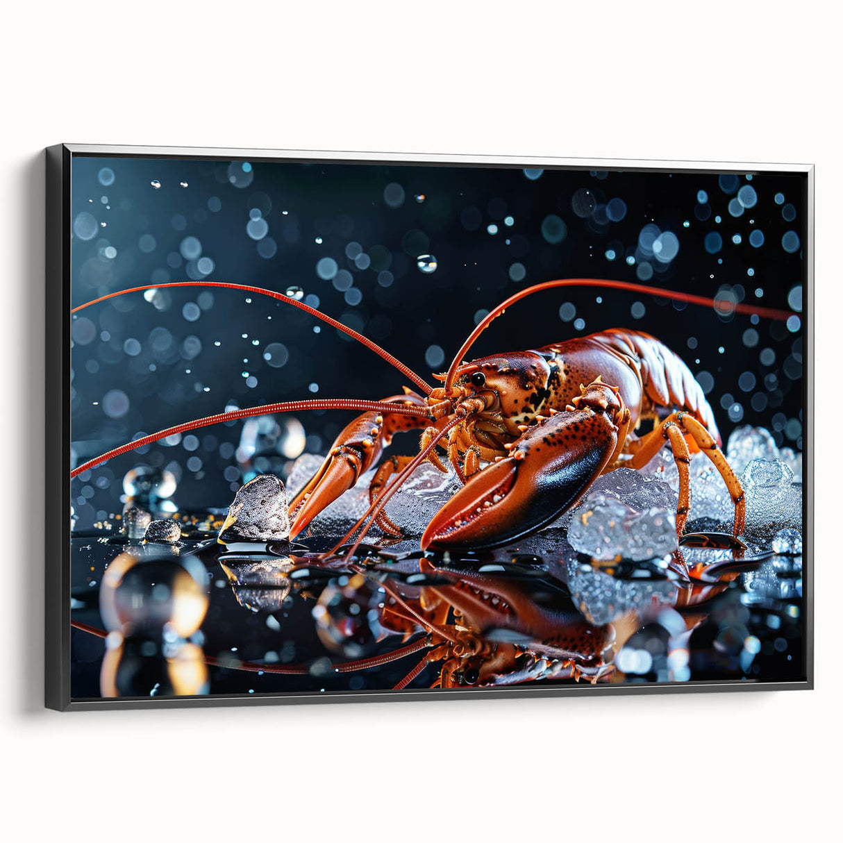 Framed canvas wall art featuring a vibrant lobster design, showcasing intricate marine life details with a sleek black frame, ideal for coastal-themed decor.