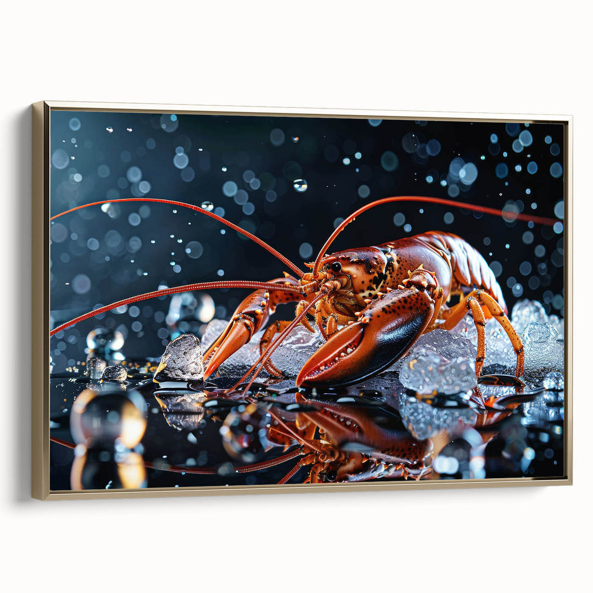 Framed canvas wall art showcasing a vibrant lobster design with intricate marine life details, featuring a gold frame and side view for elegant display.