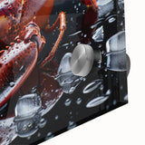 Close-up of a vibrant marine life wall art piece featuring a detailed lobster design, printed on acrylic glass, showcasing vivid colors and textures, ideal for ocean-themed decor.