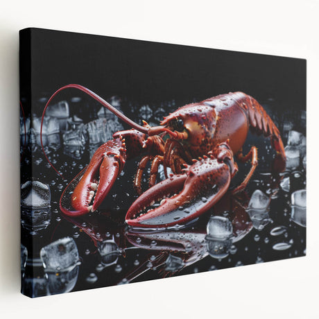 Stretched canvas wall art showcasing a vibrant lobster design in marine life theme, featuring intricate details and bright colors, perfect for coastal decor.