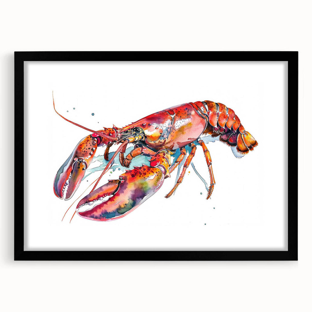 Black-framed wall art featuring a vibrant lobster design, perfect for marine life enthusiasts, showcasing intricate details and colors that enhance any decor.