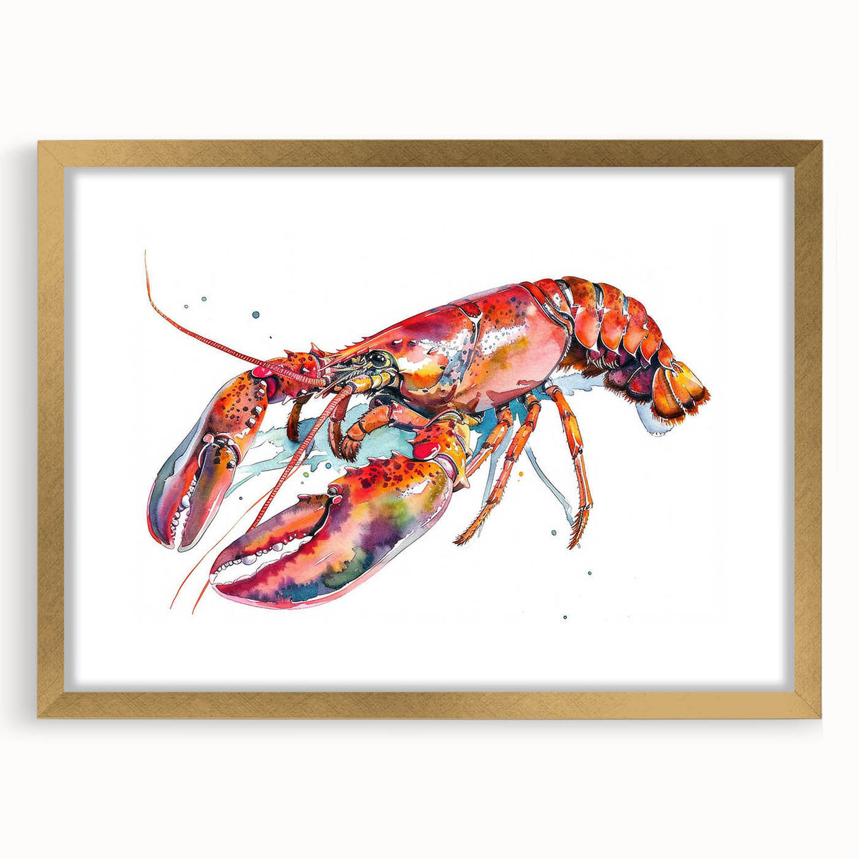 Framed wall art featuring a vibrant lobster design with intricate marine life details in gold matting, perfect for coastal decor enthusiasts.