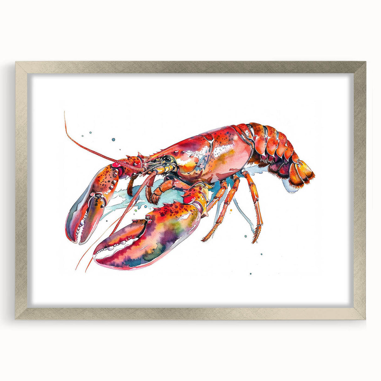 Framed wall art featuring a detailed marine life illustration of a lobster, presented in a silver frame with a mat, perfect for ocean-themed decor.