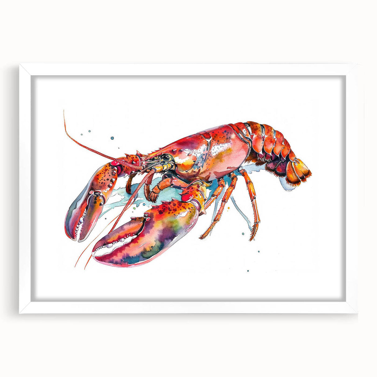 Framed marine life wall art showcasing a detailed lobster design, featuring a white mat and sleek frame, ideal for coastal-themed decor and ocean enthusiasts.