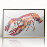 Framed wall art featuring a vibrant lobster design, showcasing intricate marine life details in gold-acrylic finish, perfect for ocean-themed decor.