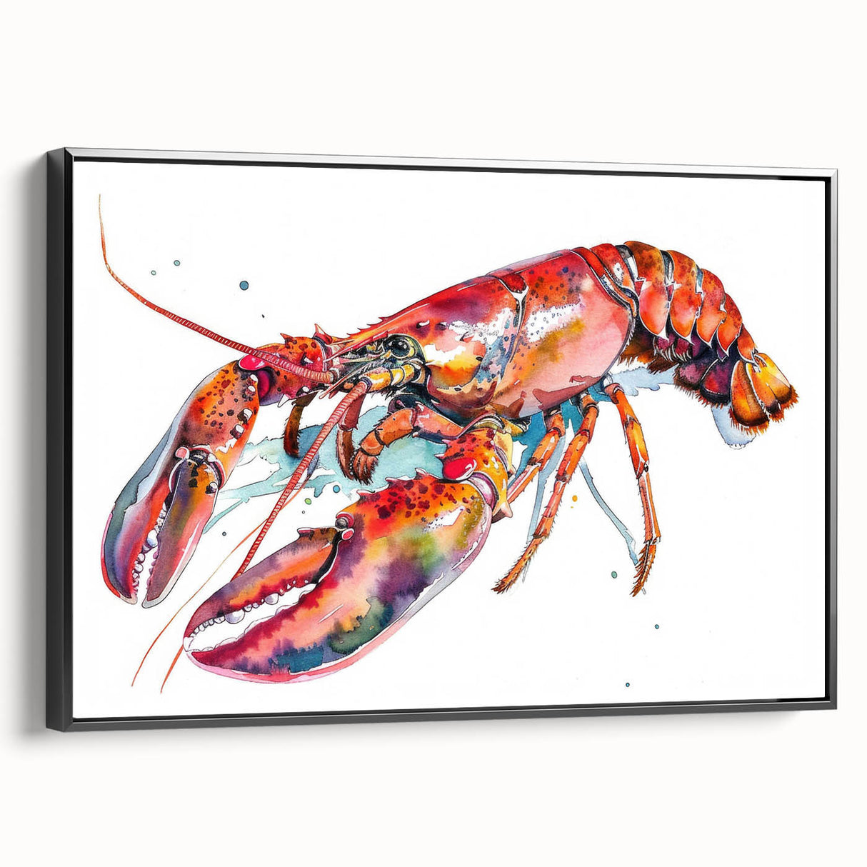 Framed canvas wall art showcasing a vibrant lobster design set against a sleek black background, perfect for marine-themed decor, measuring 15 inches.