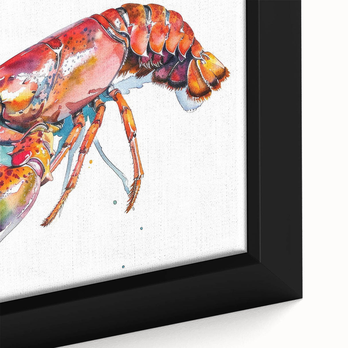 Close-up of a framed canvas wall art featuring a vibrant lobster design, showcasing intricate details and bold colors, perfect for marine life enthusiasts.
