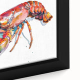 Close-up of a framed canvas wall art featuring a vibrant lobster design, showcasing intricate details and bold colors, perfect for marine life enthusiasts.