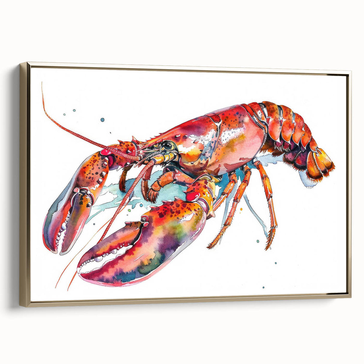 Framed wall art featuring a vibrant lobster design, showcasing intricate details and rich colors against a gold background, perfect for marine-themed decor.
