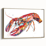 Framed wall art featuring a vibrant lobster design, showcasing intricate details and rich colors against a gold background, perfect for marine-themed decor.