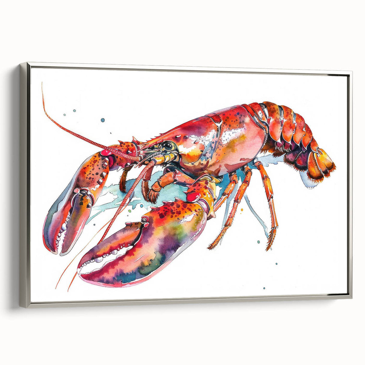 Framed canvas wall art showcasing a detailed lobster design in a silver frame, perfect for marine-themed decor. Ideal for ocean lovers seeking unique artwork.
