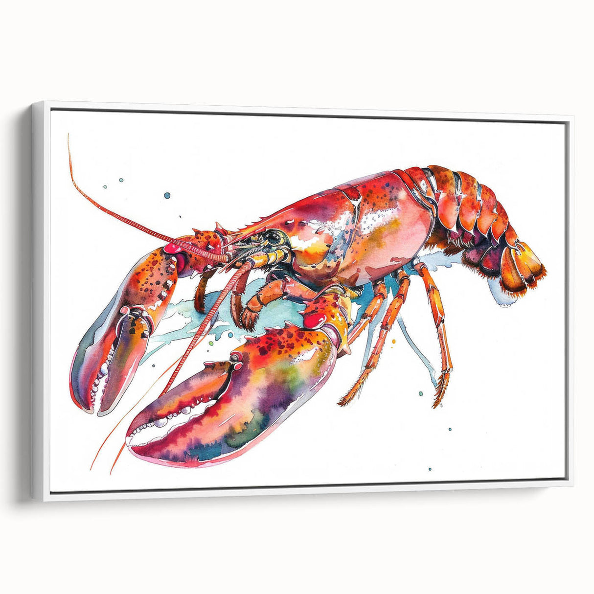 Framed canvas wall art featuring a vibrant lobster design, showcasing intricate details and bold colors, ideal for marine life enthusiasts and coastal decor.