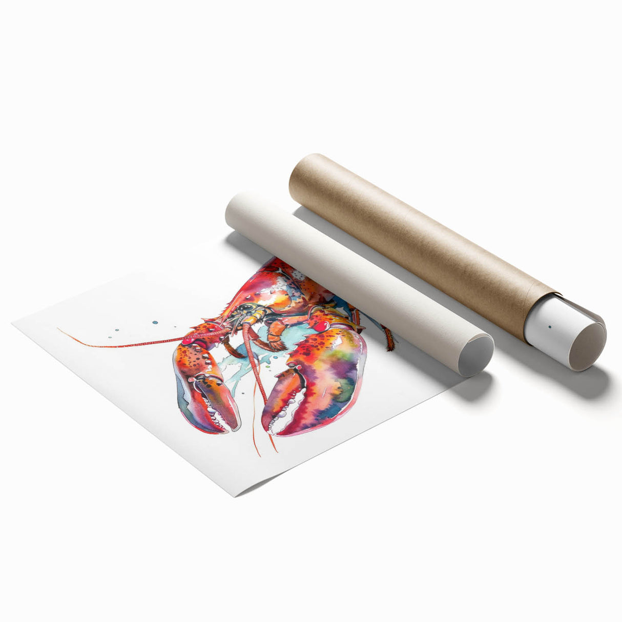 Vibrant marine life wall art featuring a detailed lobster design, printed on high-quality paper, rolled for easy transport, perfect for ocean-themed decor.