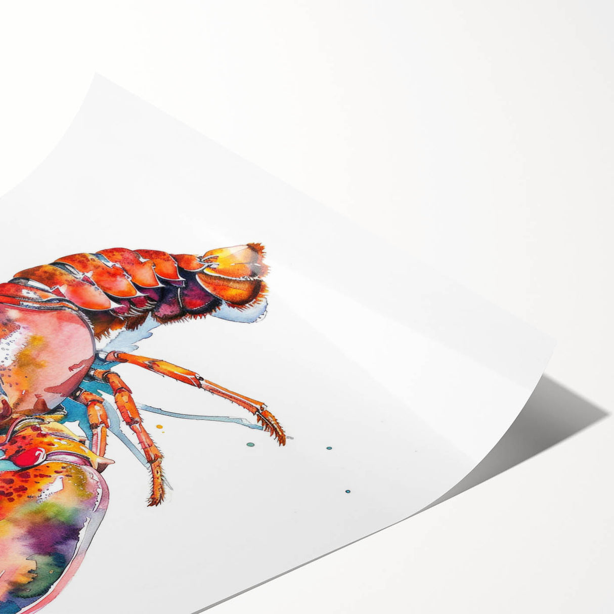 Vibrant marine life wall art design featuring a detailed lobster illustration on textured paper, rolled and ready for framing, perfect for ocean-themed decor.
