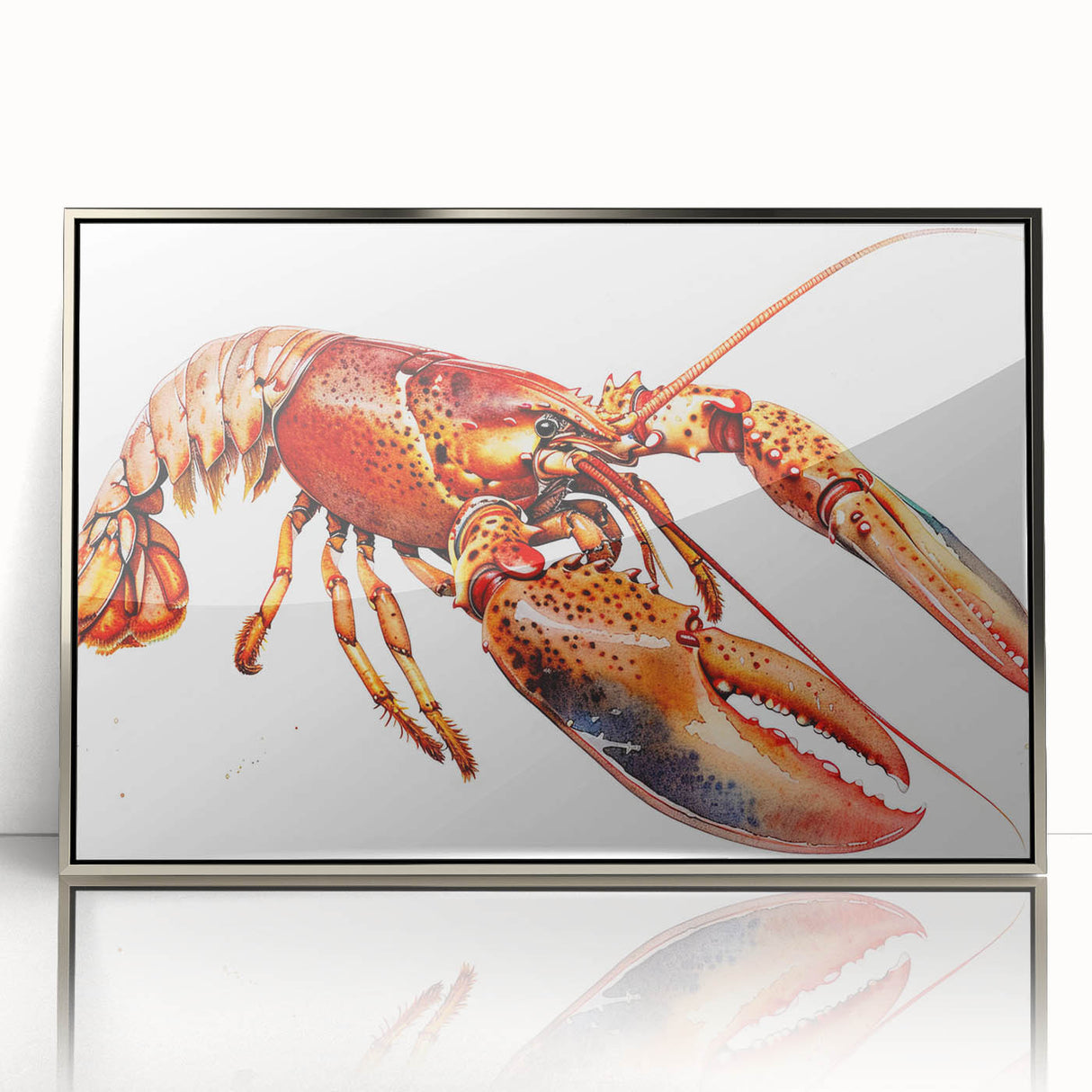 Framed acrylic wall art featuring a detailed lobster design, showcasing vibrant colors against a silver background, perfect for marine life enthusiasts and home decor.